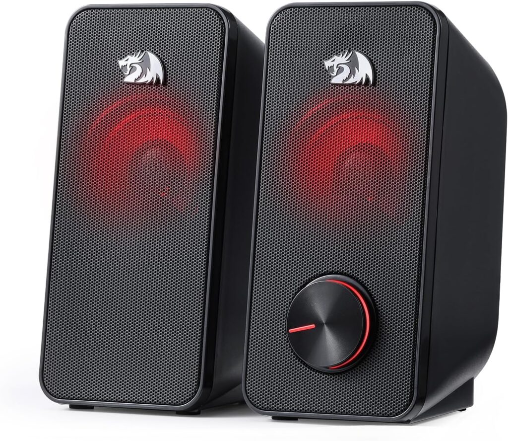 Redragon GS500 Stentor PC Gaming Speaker, 2.0 Channel Stereo Desktop Computer Speaker with Red Backlight, Quality Bass and Crystal Clear Sound, USB Powered with a 3.5mm Connector