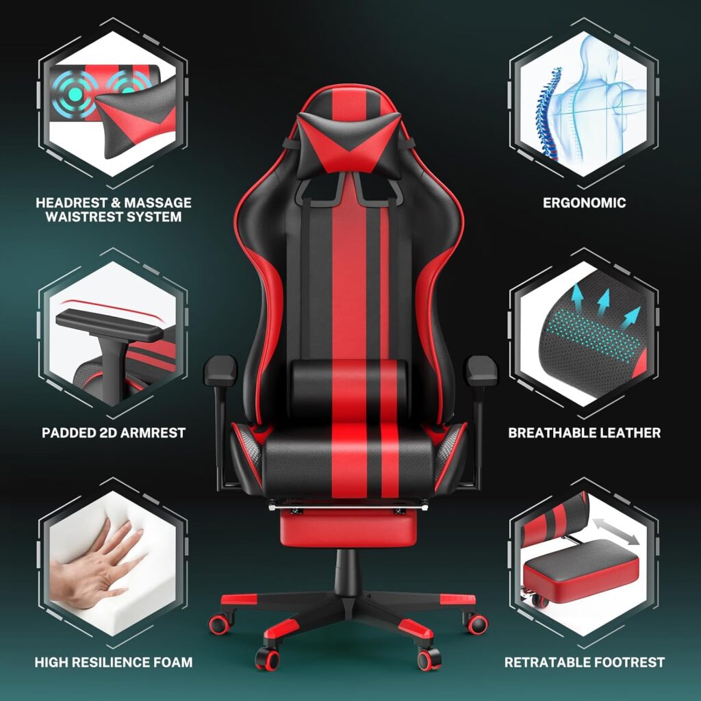 Soontrans Grey Gaming Chair with Footrest, Leather Ergonomic Gaming Chairs for Adults with Massage Lumbar Support Headrest for Office Work, Comfortable Computer Chair