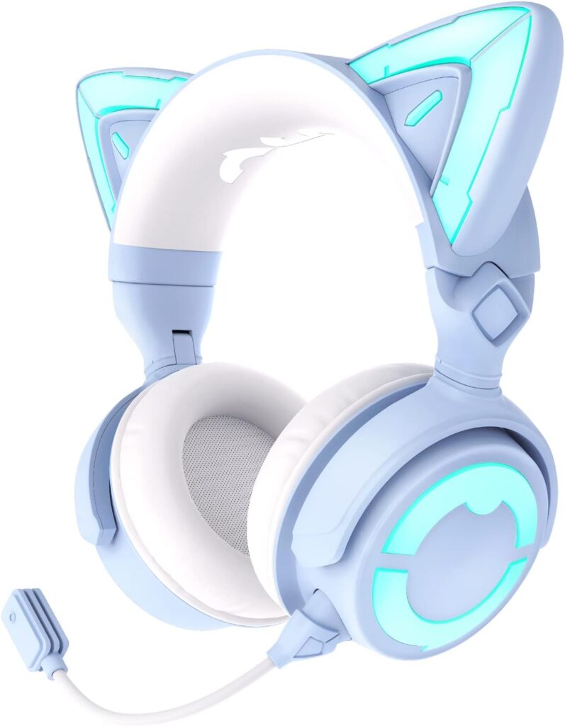 YOWU RGB Cat Ear Headphone 4, Upgraded Wireless Wired Gaming Headset with Attachable HD Microphone -Active Noise Reduction, Dual-Channel Stereo Customizable Lighting and Effect via APP (Blue)