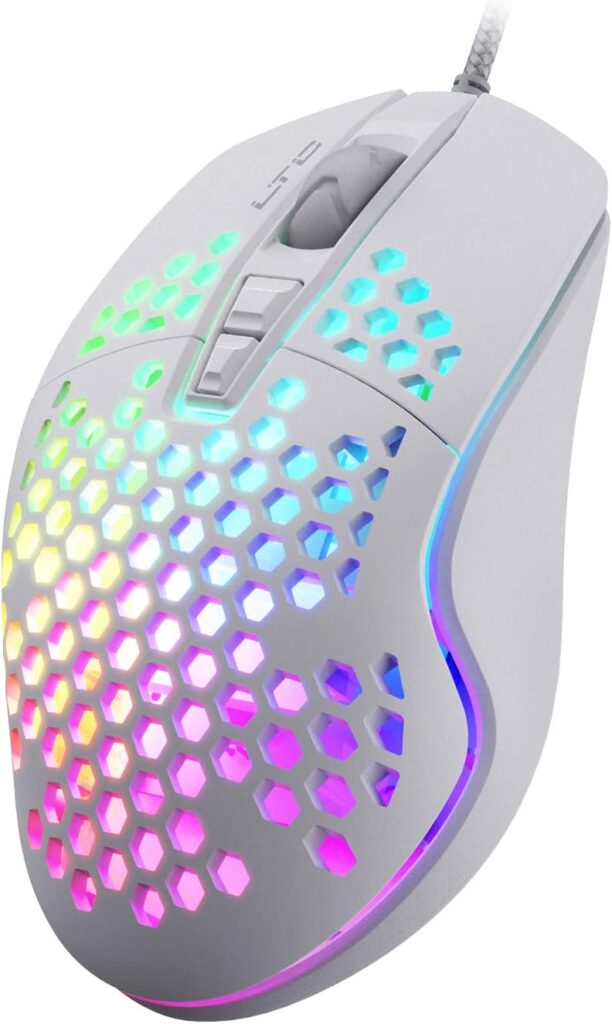 LTC Circle Pit HM-001 RGB Gaming Mouse with 2 Side Buttons, Lightweight Honeycomb Shell, Adjusted 12800DPI, 7 Programmable Buttons, Software Support, White