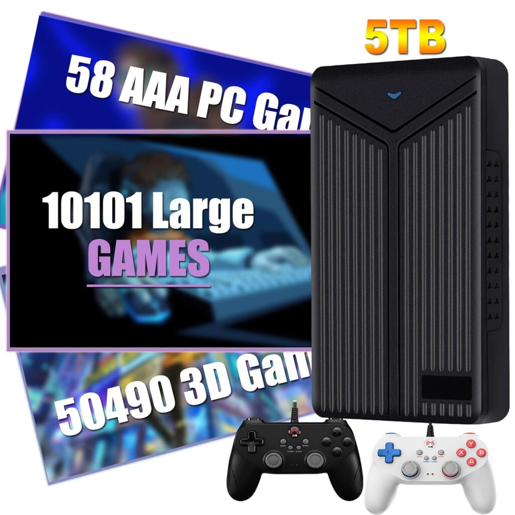 5T Retro Game Console HDD Store 60649 Video Games, 80+ Emulator Console, 58 AAA PC Games, Game Hard Drive Compatible with Retrobat/Launchbox/Playnite, Plug and Play for Win 8.1/10/11, 2 Vibrate CTL