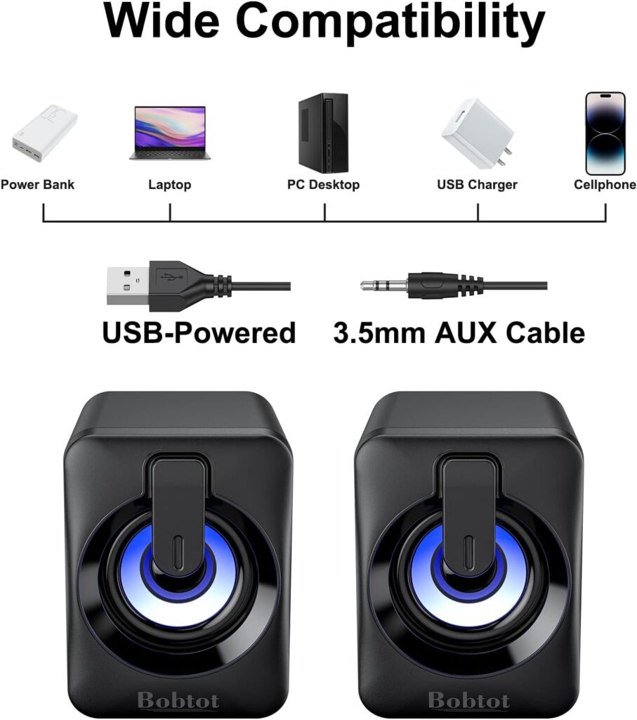 Computer Speaker USB Powered - 2.0 Mini Portable Bluetooth Subwoofer with RGB Lights Volume Control 3.5mm AUX-in HiFi Stereo Sound Desk Audio System for PCs Laptops Tablet Phone