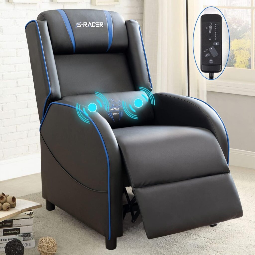 Homall Massage Gaming Recliner Chair, Racing Style Gaming Sofa, PU Leather Home Theater Seating, Modern Living Room Recliners Ergonomic Comfortable Gamer Lounge (Blue)