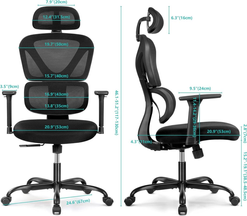 KERDOM Ergonomic Office Chair, Home Desk Chair, Comfy Breathable Mesh Task High Back Thick Cushion Computer Chair with Headrest and 3D Armrests, Adjustable Height Home Gaming Chair (S-Black)