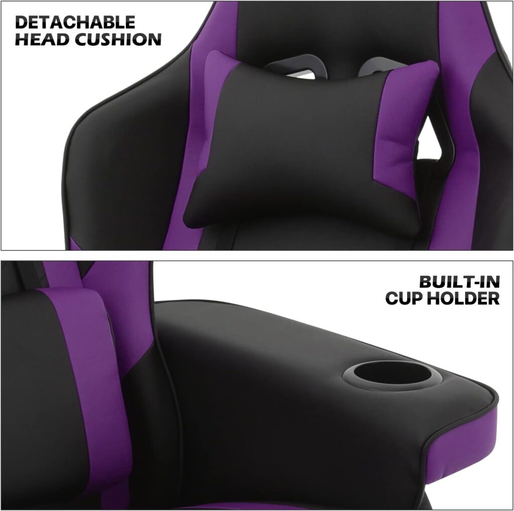 MoNiBloom Gaming Chair Recliner Ergonomic Adjustment Lumbar Support Swivel Reclining Game Chair PU Leather Movie Theater Chair with Cup Holder for RV Home Bedroom Small-Space Gaming Relaxing, Purple