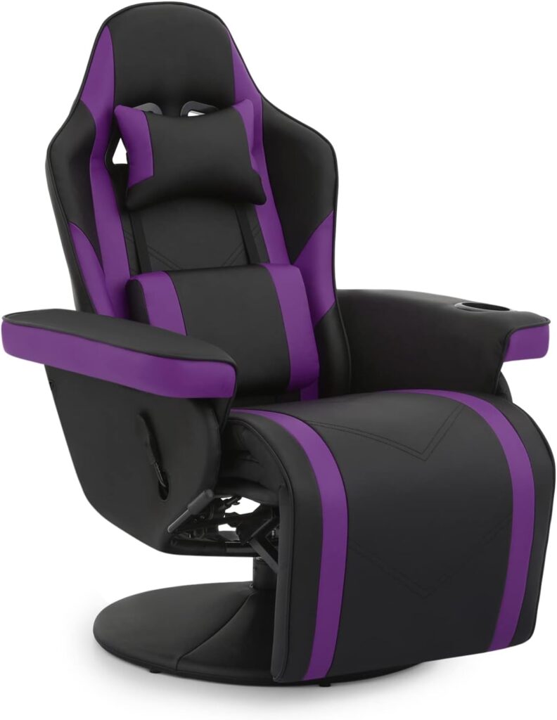 MoNiBloom Gaming Chair Recliner Ergonomic Adjustment Lumbar Support Swivel Reclining Game Chair PU Leather Movie Theater Chair with Cup Holder for RV Home Bedroom Small-Space Gaming Relaxing, Purple