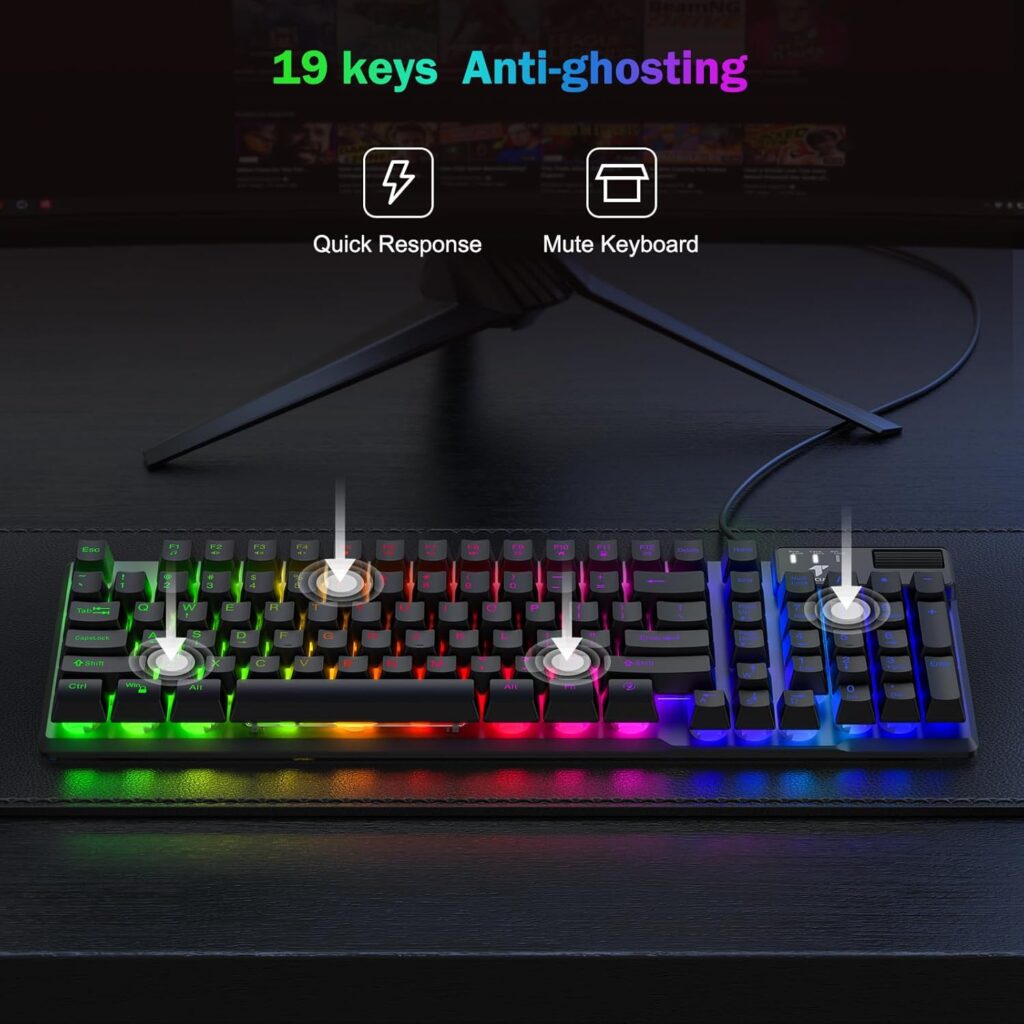 TECURS Gaming Keyboard-Wired USB Keyboard with LED Backlit, Silent Spill-Resistant Membrane Keyboard,Anti-Ghosting Keys,Durable for Computer/Windows/Xbox/PS4 (Black)