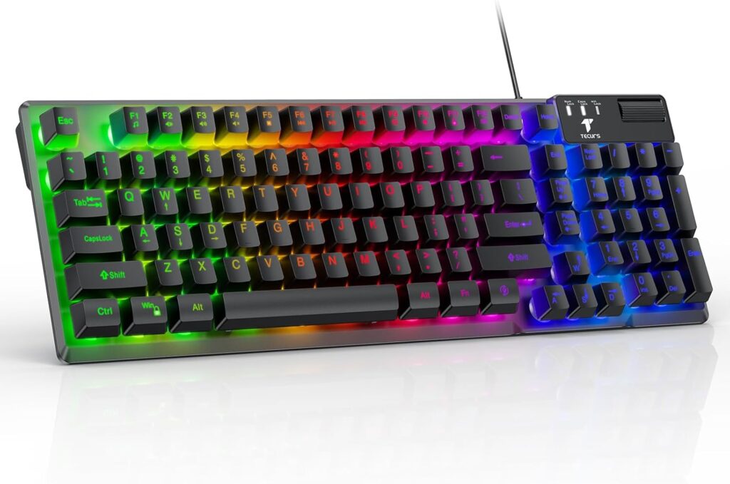 TECURS Gaming Keyboard-Wired USB Keyboard with LED Backlit, Silent Spill-Resistant Membrane Keyboard,Anti-Ghosting Keys,Durable for Computer/Windows/Xbox/PS4 (Black)