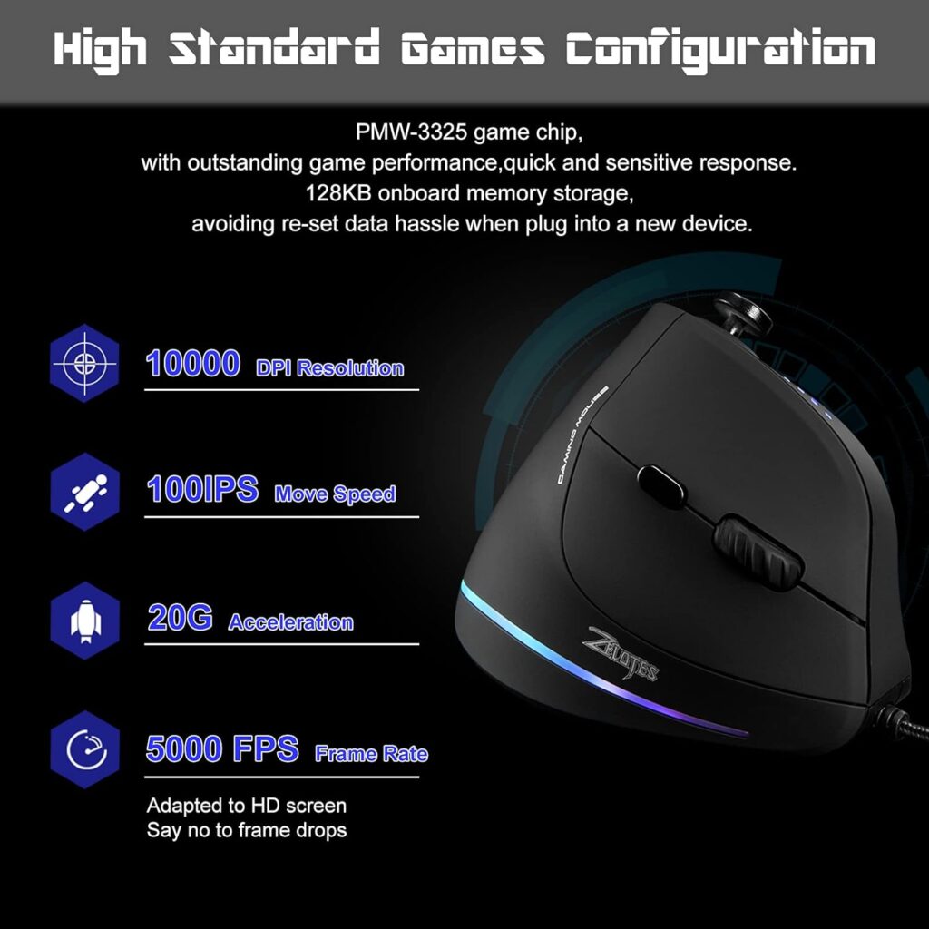 TRELC Gaming Mouse with 5 D Rocker, Ergonomic Mouse with 10000 DPI/11 Programmable Buttons, RGB Vertical Gaming Mice Wired for PC/Laptop/E-Sports/Gamer (Black)