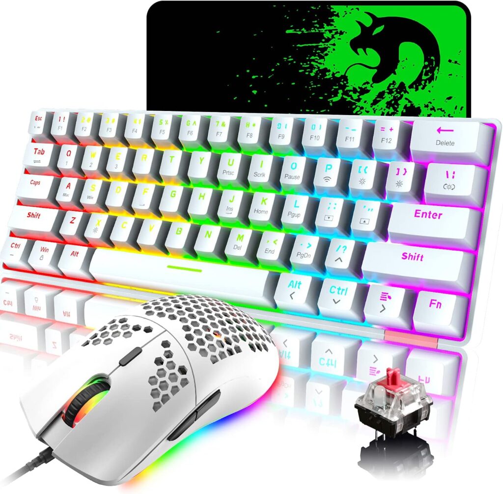 60% Wired Mechanical Gaming Keyboard Mouse,Chroma RGB 12 LED Backlit Type C Wireless 61 Keys Compact Gaming Keyboard Bluetooth 5.0 Red Switch,RGB Gaming Mouse 12000DPI for PC Laptop Gamer (White)