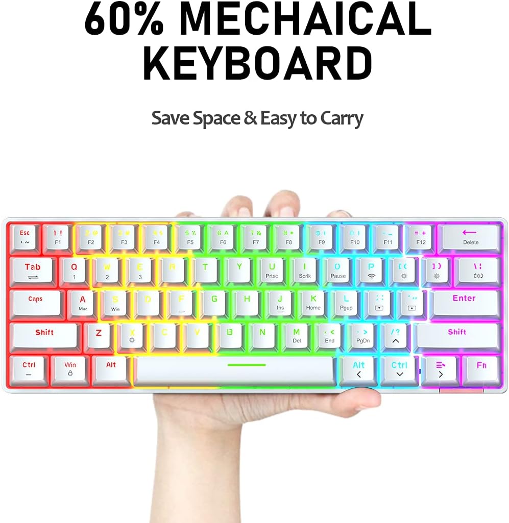 60% Wired Mechanical Gaming Keyboard Mouse,Chroma RGB 12 LED Backlit Type C Wireless 61 Keys Compact Gaming Keyboard Bluetooth 5.0 Red Switch,RGB Gaming Mouse 12000DPI for PC Laptop Gamer (White)