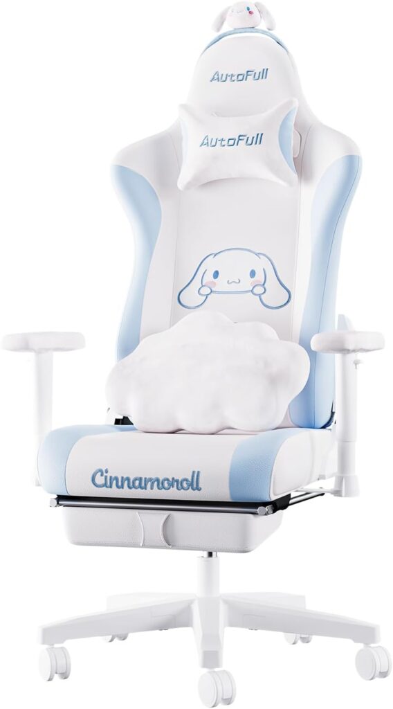 AutoFull Cinnamoroll Gaming Chair High Back Ergonomic Office Desk Computer Chair with Lumbar Support, Racing Style PU Leather Task Chair with Footrest, White  Blue