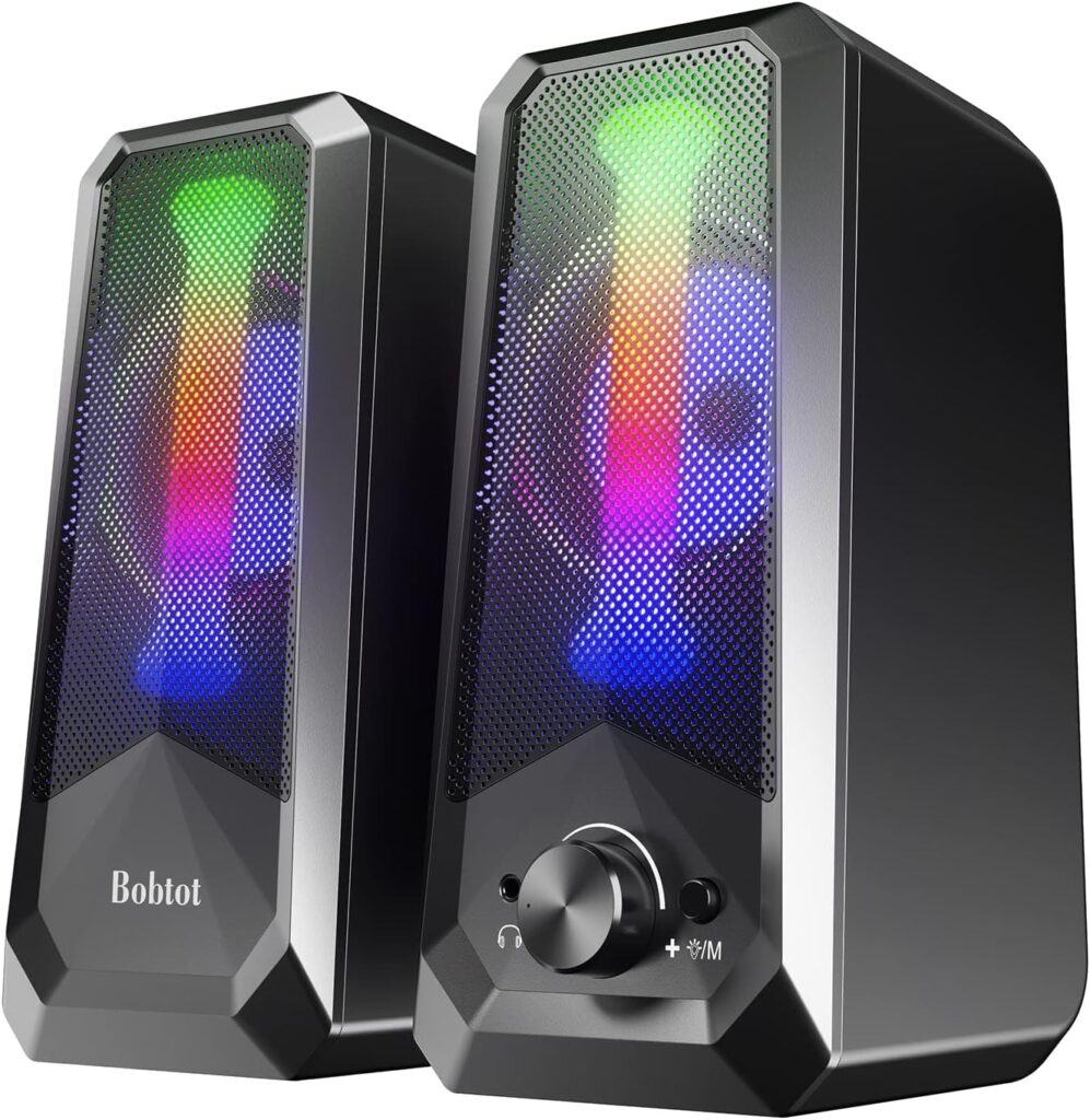 Bobtot Computer Speakers HiFi Stereo Sound - 2.0 Channel RGB Desktop Speakers PC Speaker with Bluetooth Volume Control USB Powered 3.5mm AUX-in Audio System