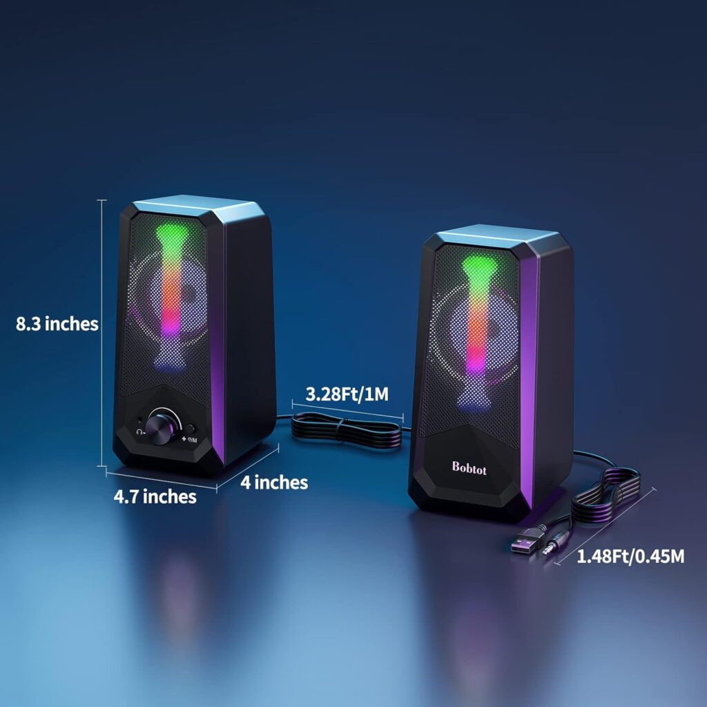 Bobtot Computer Speakers HiFi Stereo Sound - 2.0 Channel RGB Desktop Speakers PC Speaker with Bluetooth Volume Control USB Powered 3.5mm AUX-in Audio System