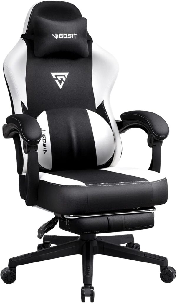 Gaming Chair with Footrest, Fabric Gamer Chair with Lumbar Support Pillow, Computer Game Chairs for Adults, Big and Tall Office Chair Gaming 300LBS (Black White)