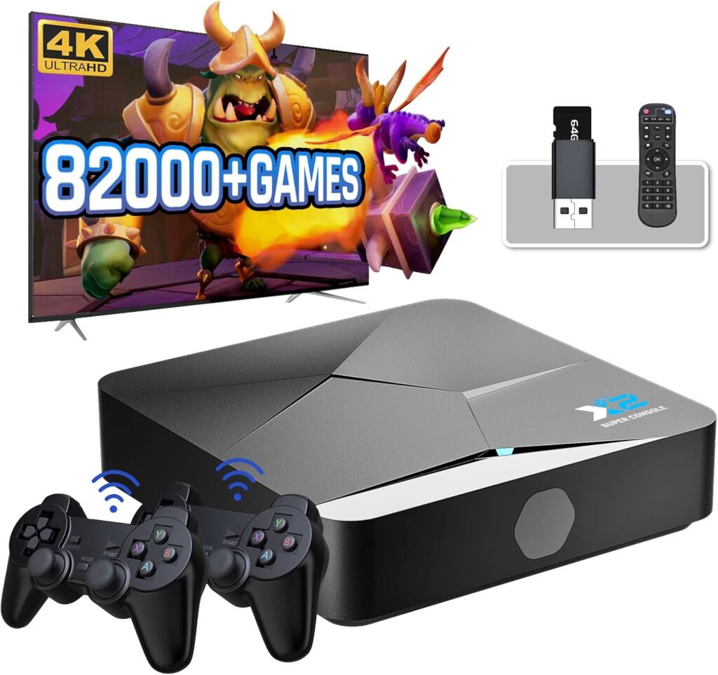 Kinhank Super Console X2 Built-in 82,000+ Classic Games,64G Retro Gaming Consoles Compatible with 60+ emulators, S902X2 Chip, Android TV 9.0Emuelec 4.5 Systems in One, 2 Controllers