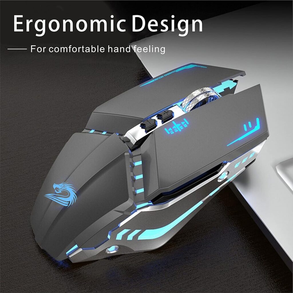 TENMOS T12 Wireless Gaming Mouse Rechargeable, 2.4G Silent Optical Wireless Computer Mice with Changeable LED Light for Laptop PC, 7 Buttons, 3 Adjustable DPI (Silver)