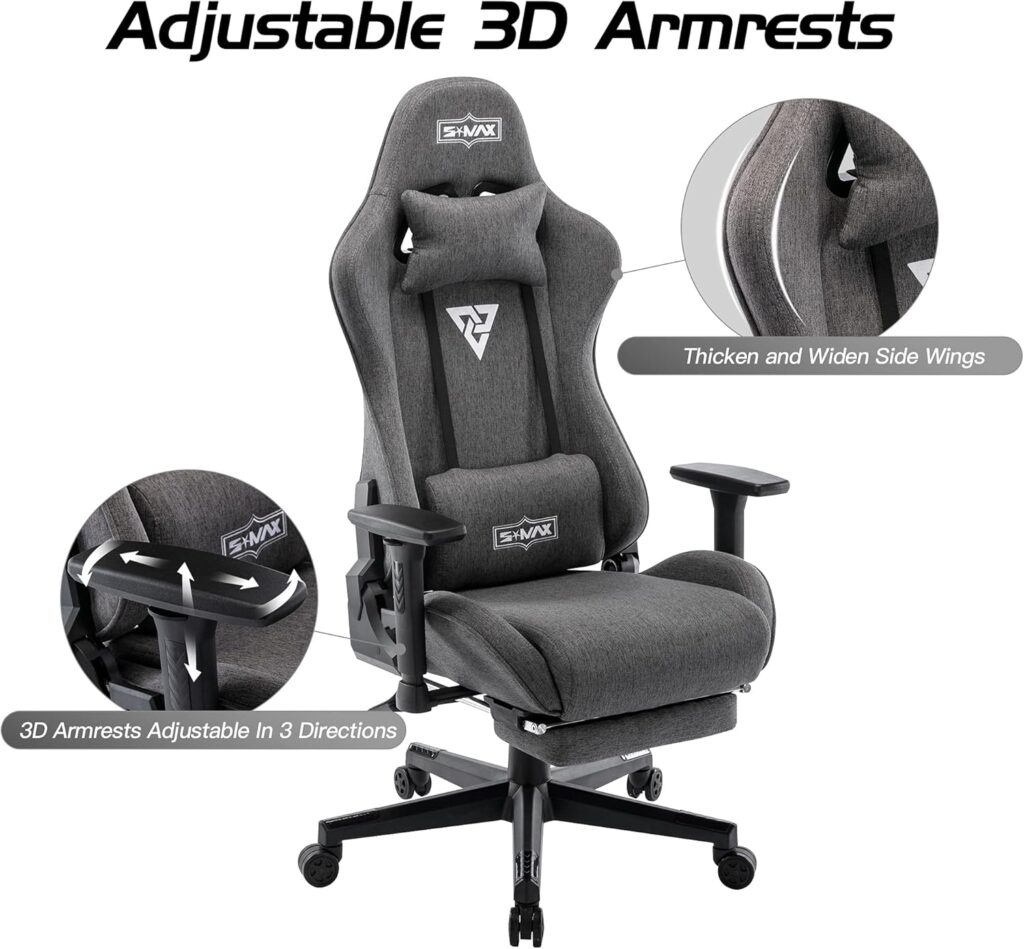 S*MAX Gaming Chair with Footrest Fabric Thicken Seat Ergonomic Computer Gamer Chair with 3D Armrest Breathable Fabric Gamer Chairs Headrest Lumbar Support High Back Gaming Chairs for Adults Grey