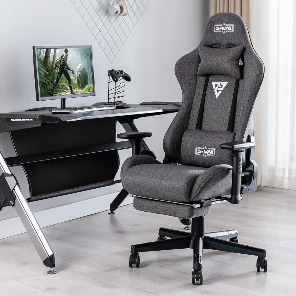 S*MAX Gaming Chair with Footrest Fabric Thicken Seat Ergonomic Computer Gamer Chair with 3D Armrest Breathable Fabric Gamer Chairs Headrest Lumbar Support High Back Gaming Chairs for Adults Grey