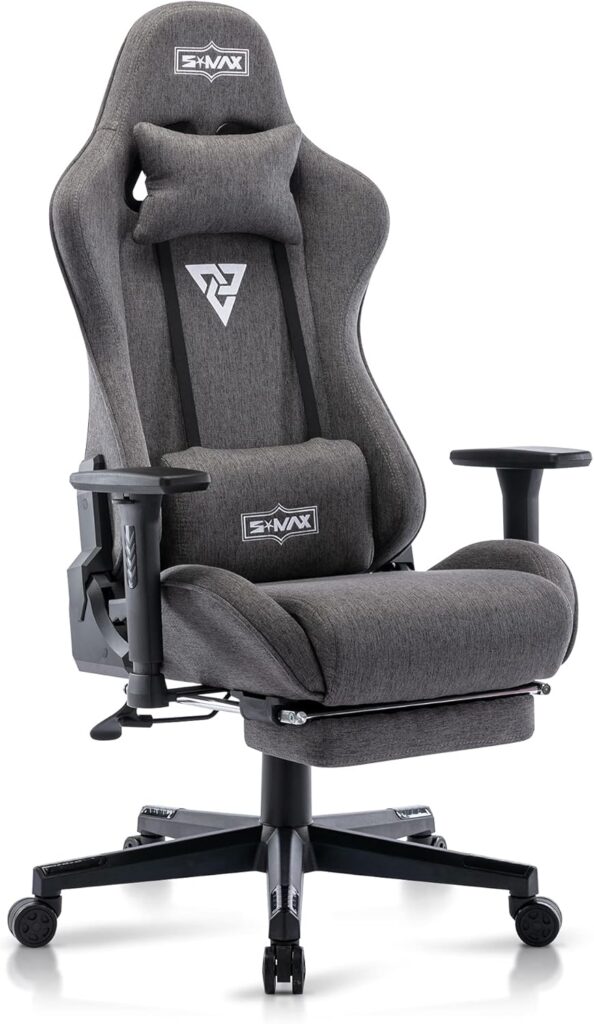 S*MAX Gaming Chair with Footrest Fabric Thicken Seat Ergonomic Computer Gamer Chair with 3D Armrest Breathable Fabric Gamer Chairs Headrest Lumbar Support High Back Gaming Chairs for Adults Grey