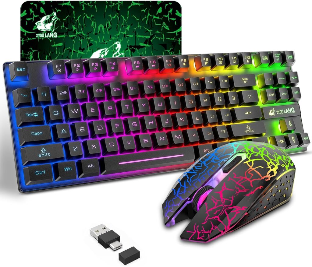 Wireless Gaming Keyboard and Mouse Combo with 87 Key Rainbow LED Backlight Rechargeable 3800mAh Battery Mechanical Feel Anti-ghosting Ergonomic Waterproof RGB Mute Mice for Computer PC Gamer (Black)