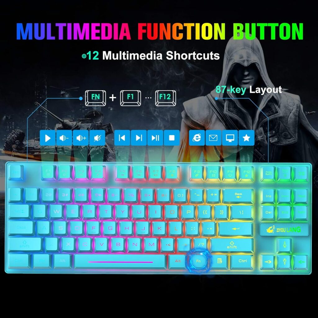 Wireless Gaming Keyboard and Mouse Combo with 87 Key Rainbow LED Backlight Rechargeable 3800mAh Battery Mechanical Feel Anti-ghosting Ergonomic Waterproof RGB Mute Mice for Computer PC Gamer (Black)