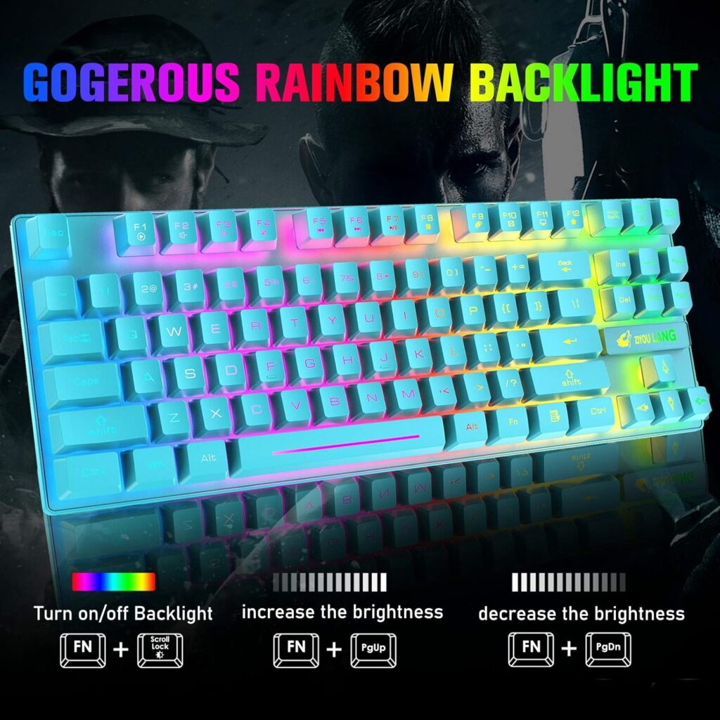 Wireless Gaming Keyboard and Mouse Combo with 87 Key Rainbow LED Backlight Rechargeable 3800mAh Battery Mechanical Feel Anti-ghosting Ergonomic Waterproof RGB Mute Mice for Computer PC Gamer (Black)